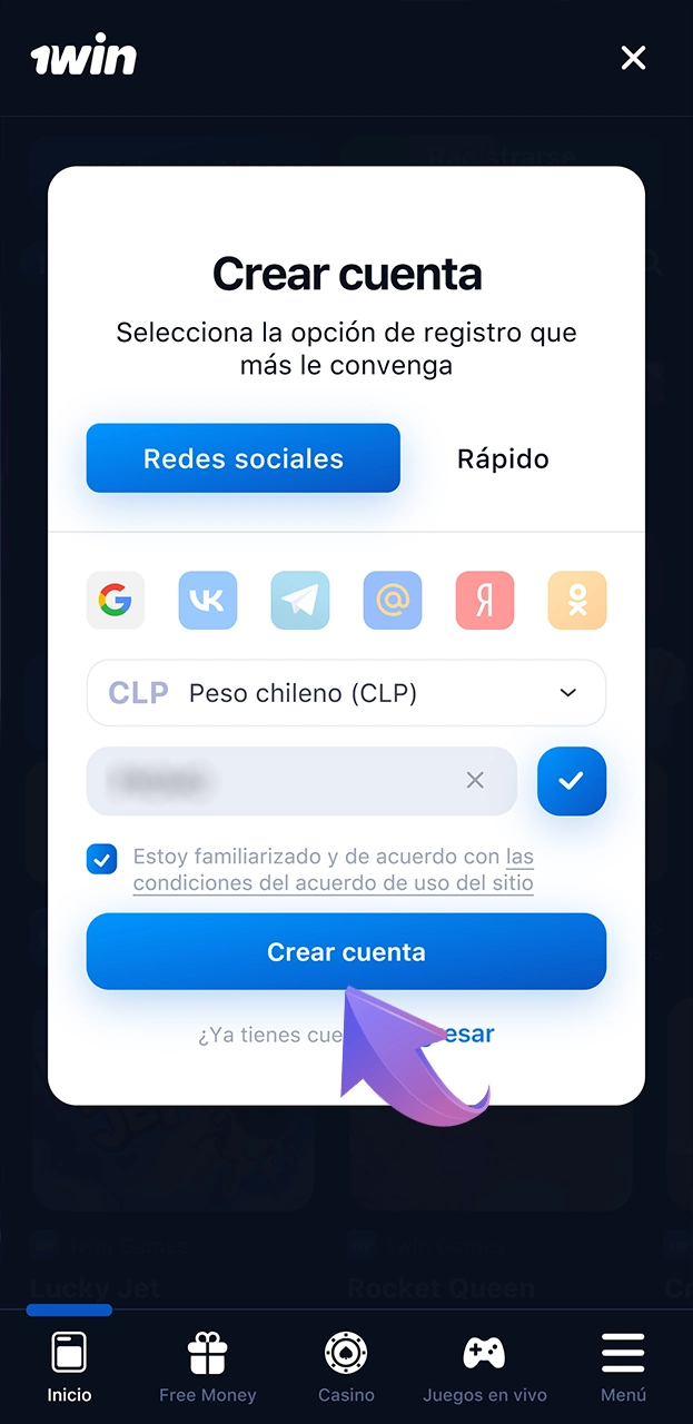 Inscríbete en 1win en unos pocos pasos.